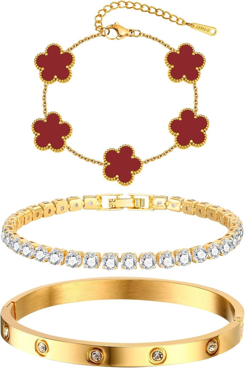 MPRAINBOW Womens Stackable Floral Gold Bracelets - 3Pcs 18K Gold Plated Bracelet,Stainless Steel Bangle Bracelets Non Tarnish, Gold Bracelet Set Trendy Jewelry,Christmas Valentines Birthday Gifts for Girlfriend - Image 1